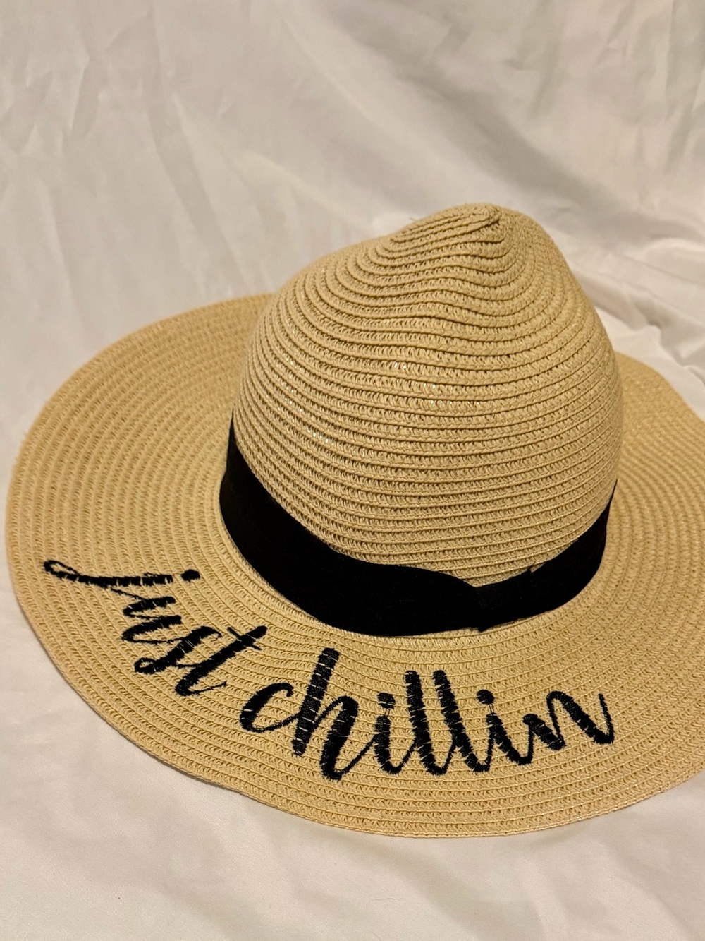 Wide Brim Straw Beach Hat with 'just chillin' Script